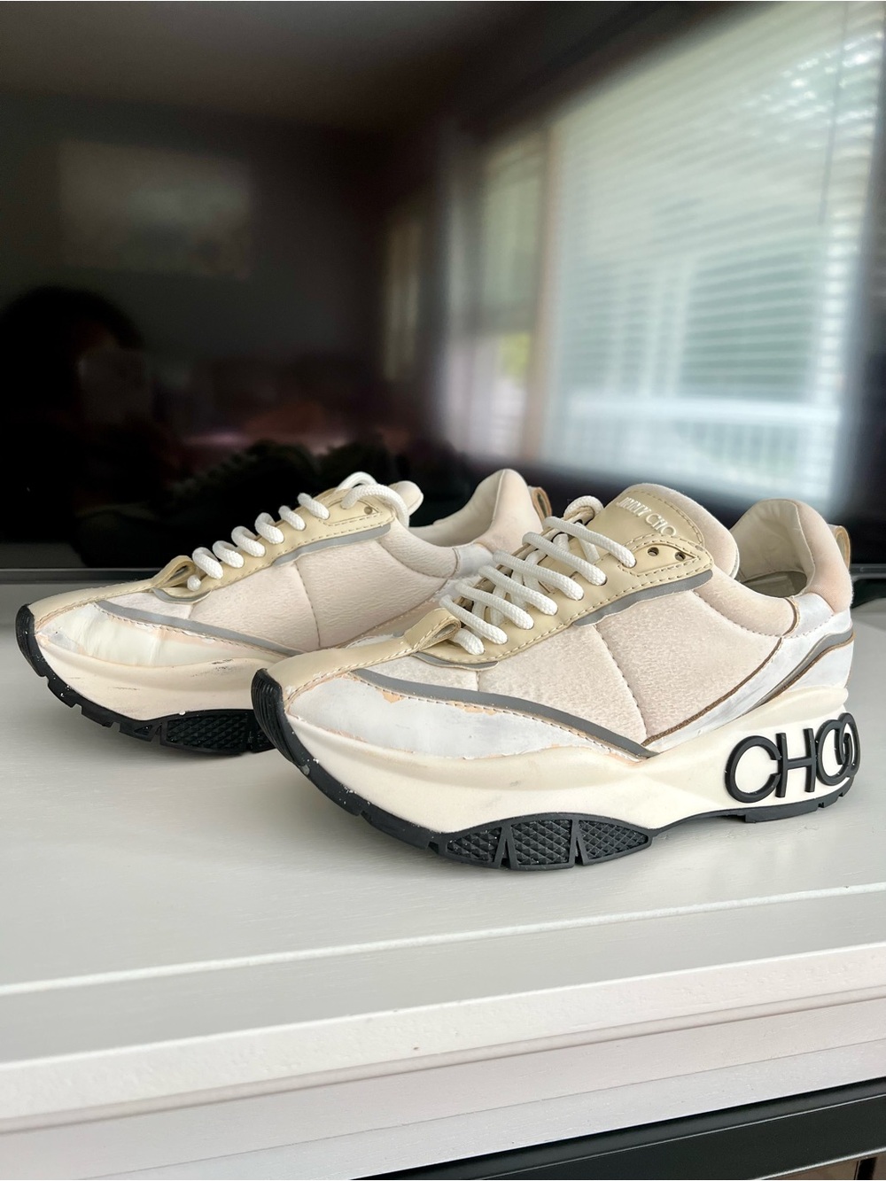 Jimmy Choo White Leather and Neoprene Raine Sneakers Size 37